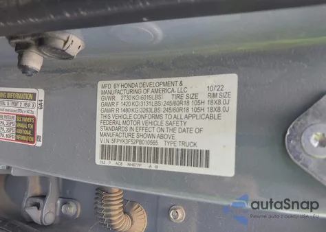 2023 Honda Ridgeline Rtl из США, поврежденный, VIN 5FPYK3F52PB010565